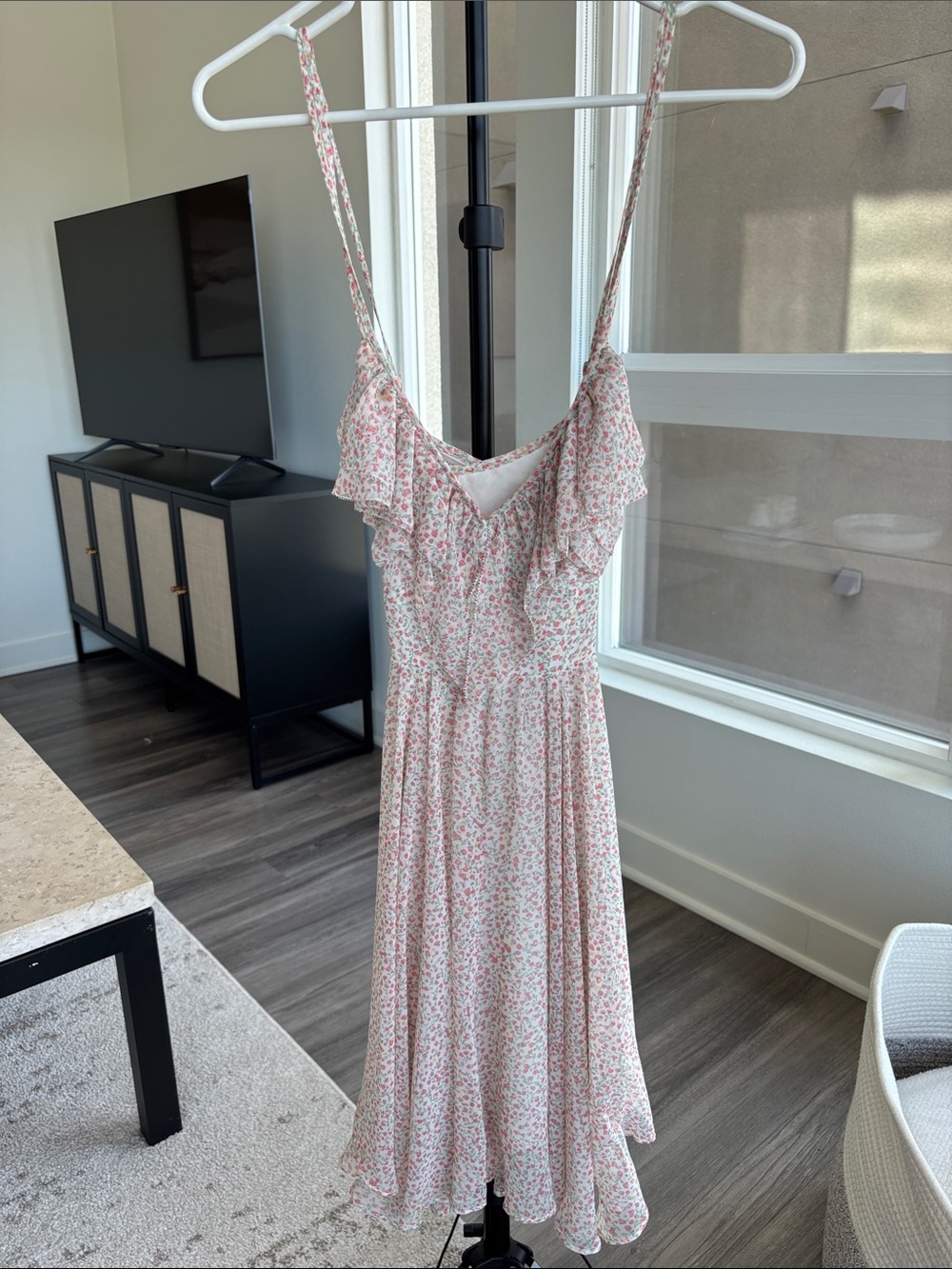 GUESS Floral Ruffle Midi Dress in Light Pink